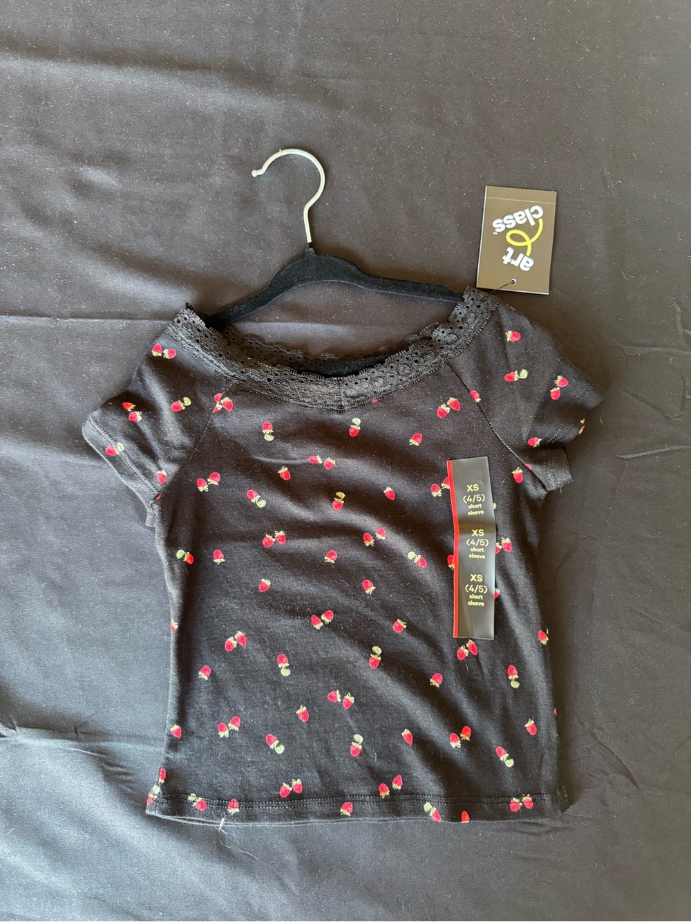 NWT Art Class Girls Strawberry Print Lace Trim Short Sleeve Top Black XS (4/5)